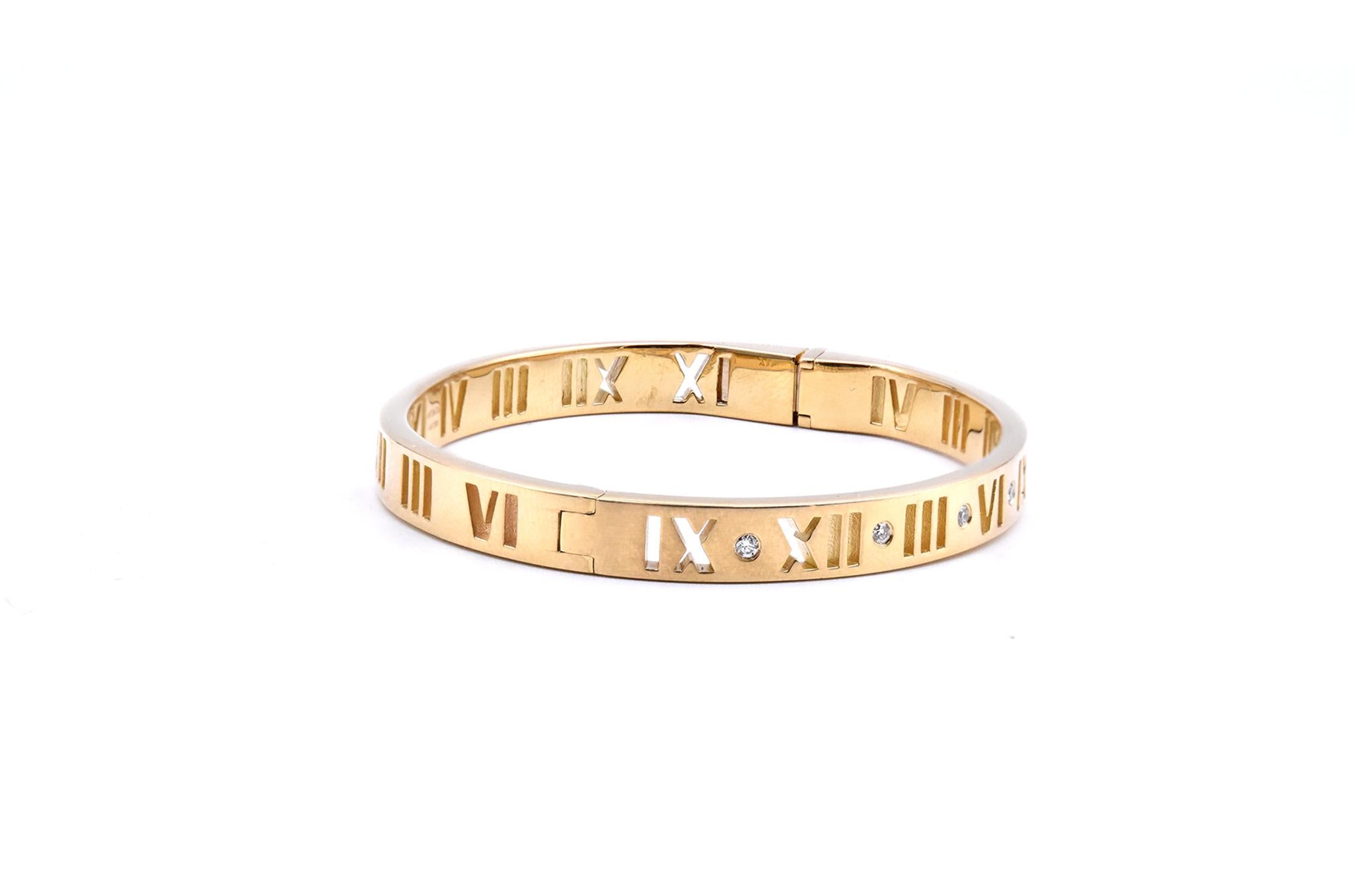 
Designer: Tiffany & Co. 
Material: 18K yellow gold 
Diamonds: 7 round cut = 0.14cttw
Color: G
Clarity: VS
Dimensions: Bracelet measures 6-inches 
Weight: 26.50 grams
