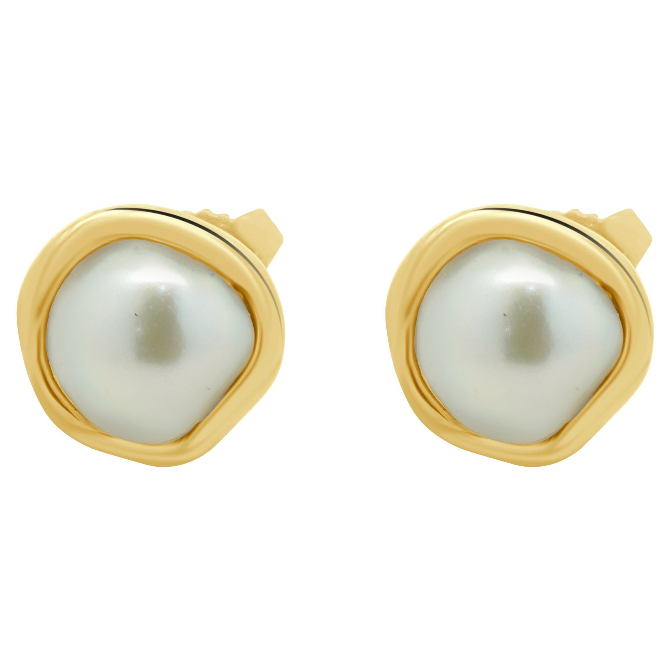 Tiffany & Co. 18 Karat Yellow Gold Bezel Set Pearl Stud Earrings