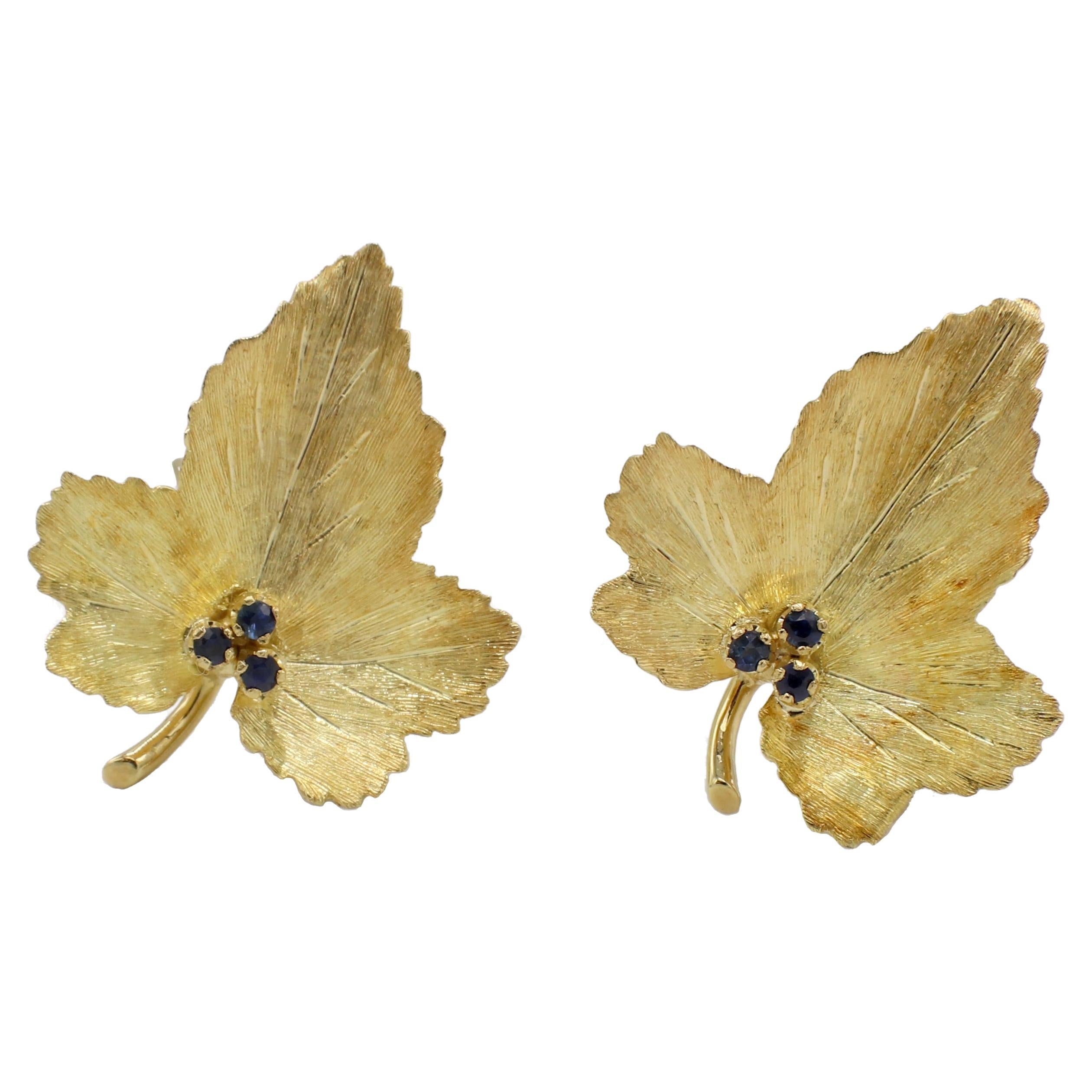 Tiffany & Co. 18 Karat Yellow Gold Blue Sapphire Leaf Earrings
