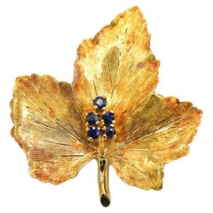 Tiffany & Co. 18 Karat Yellow Gold Blue Sapphire Leaf Pin Brooch