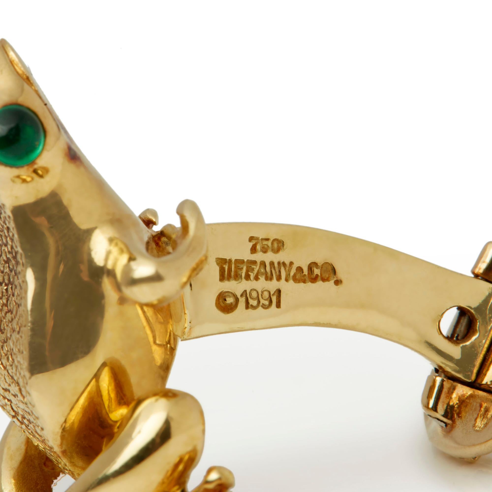 Tiffany & Co. 18 Karat Yellow Gold Cabochon Emerald Frog Cufflinks 3
