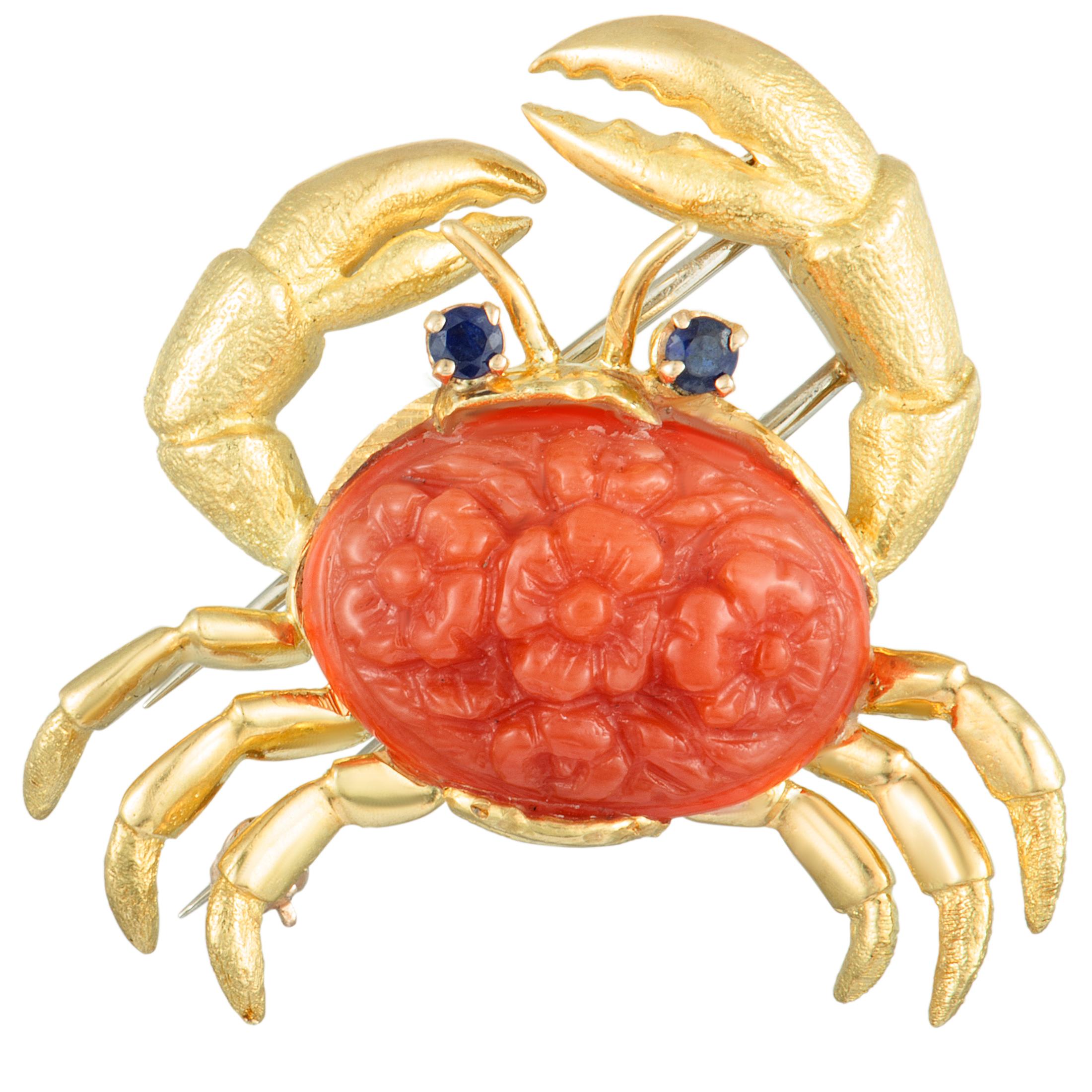 Tiffany & Co. 18 Karat Yellow Gold Coral and Sapphire Crab Brooch