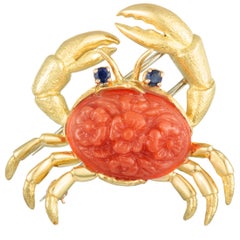 Vintage Tiffany & Co. 18 Karat Yellow Gold Coral and Sapphire Crab Brooch