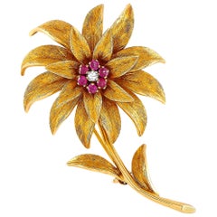 Tiffany & Co. 18 Karat Yellow Gold Diamond and Ruby Flower Brooch