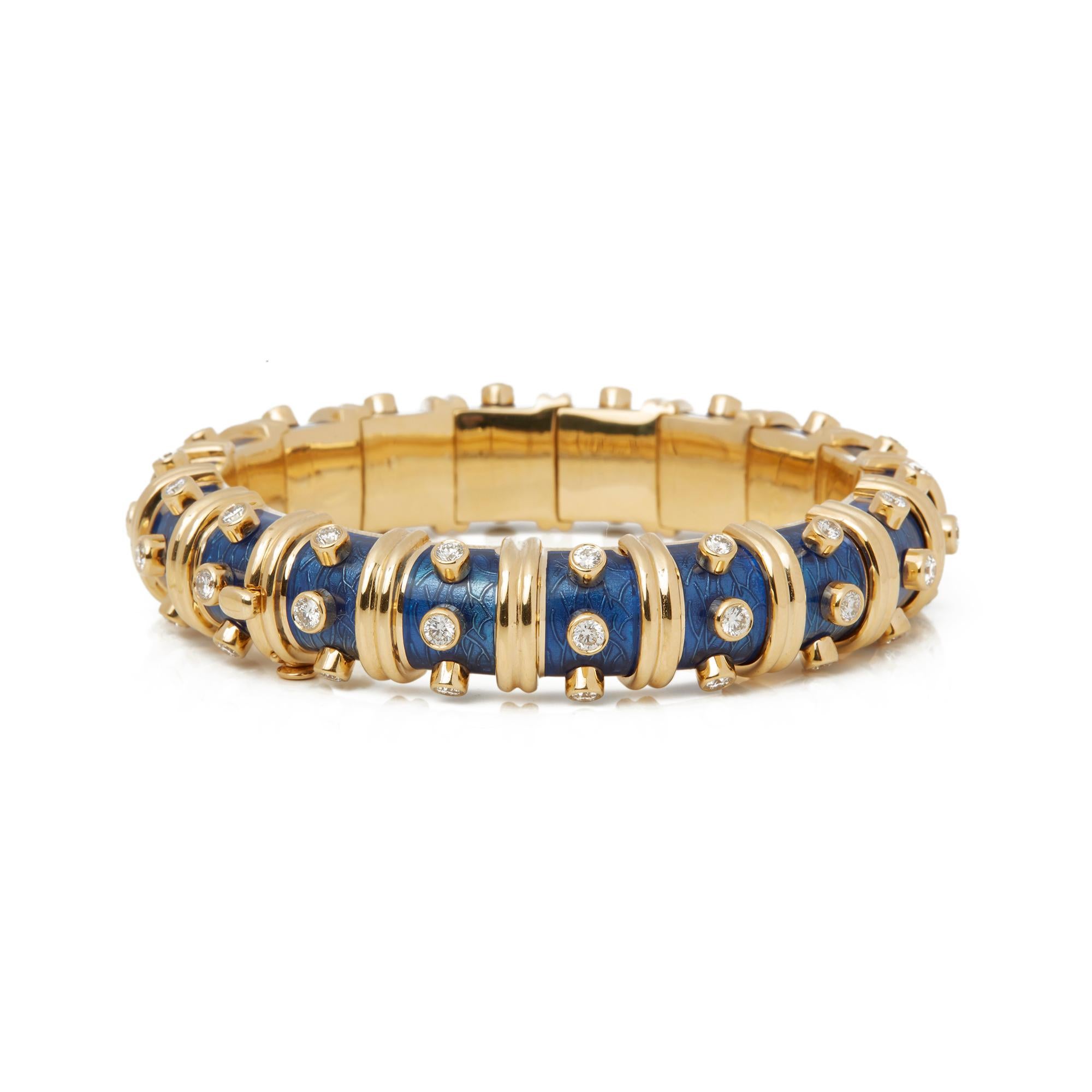 Code: COM2046
Brand: Tiffany & Co.
Description: 18k Yellow Gold Diamond & Blue Enamel Schlumberger Bracelet
Accompanied With: Box Only
Gender: Ladies
Bracelet Length: 17cm
Bracelet Width: 1.3cm
Clasp Type: Push Button
Condition: 9
Material: Yellow