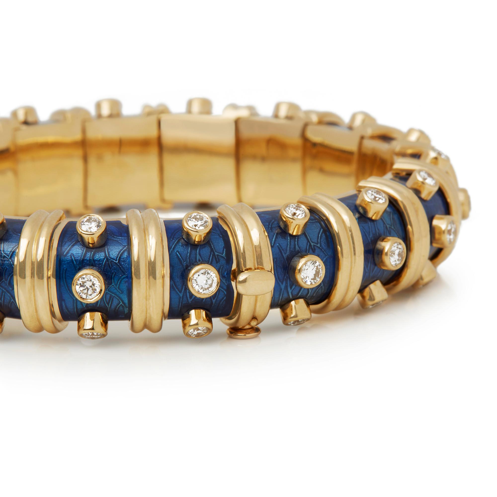 Round Cut Tiffany & Co. 18 Karat Yellow Gold Diamond and Blue Enamel Schlumberger Bracelet