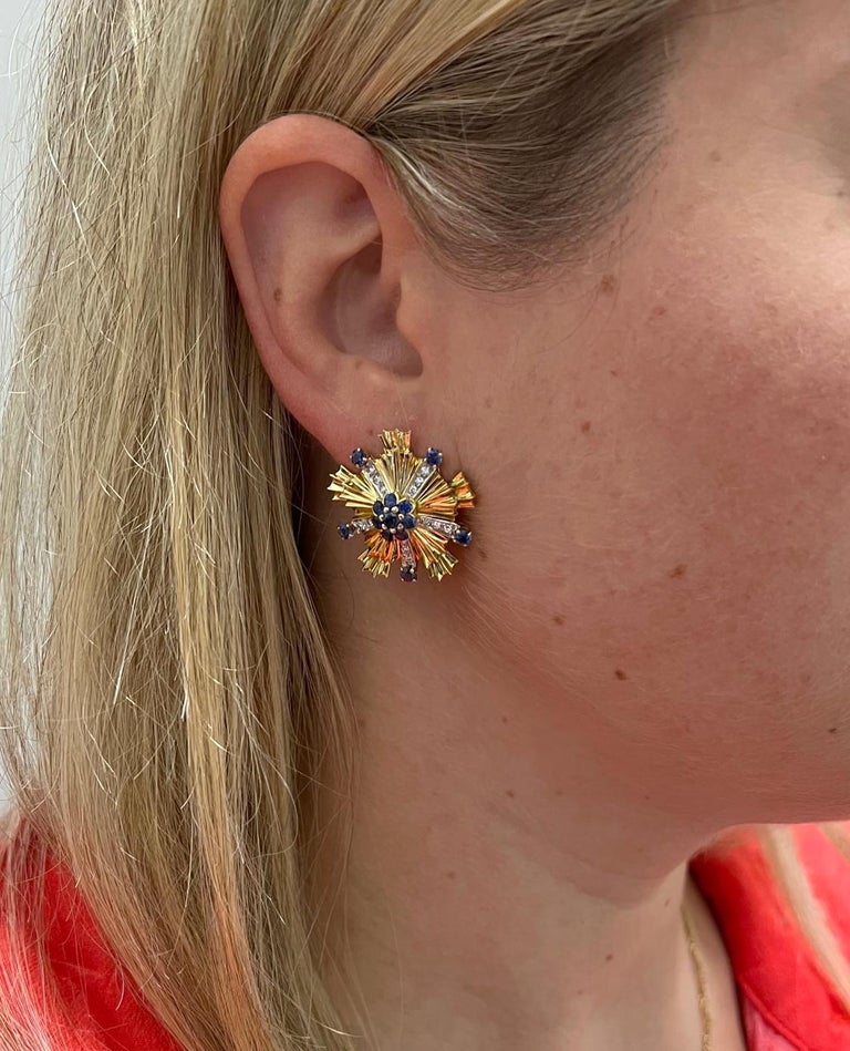 Women's Tiffany & Co. 18 Karat Yellow Gold Diamond & Blue Sapphire Starburst Earrings