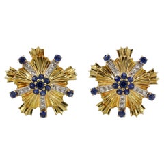 Vintage Tiffany & Co. 18 Karat Yellow Gold Diamond & Blue Sapphire Starburst Earrings