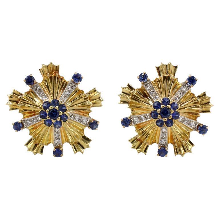 Tiffany & Co. 18 Karat Yellow Gold Diamond & Blue Sapphire Starburst Earrings