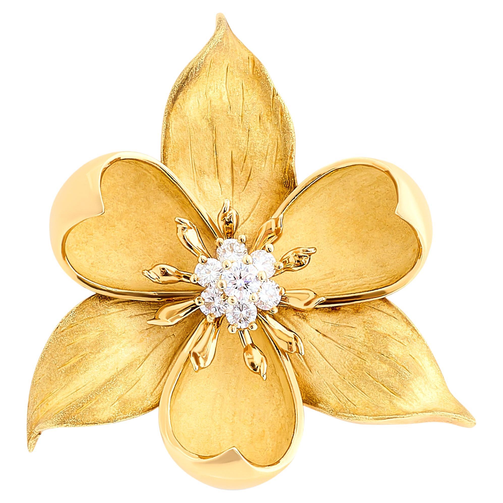 Tiffany & Co. 18 Karat Yellow Gold Diamond Flower Brooch Pin