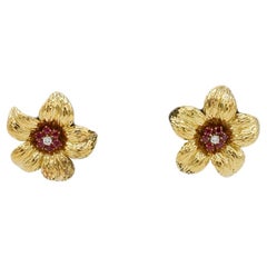 Tiffany & Co. 18 Karat Yellow Gold Diamond & Ruby Flower Earrings
