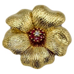 Tiffany & Co. 18 Karat Yellow Gold Diamond & Ruby Flower Pin Brooch