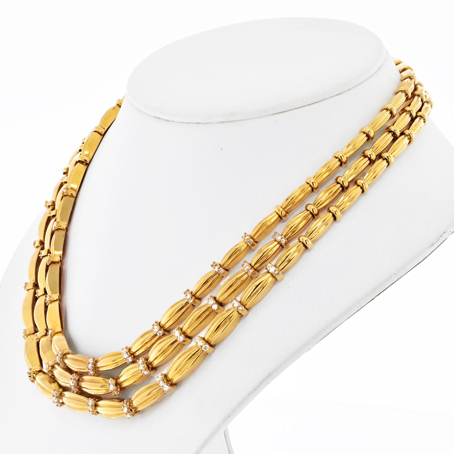 Modern Tiffany & Co. 18 Karat Yellow Gold Diamond Vintage Three Strand Necklace