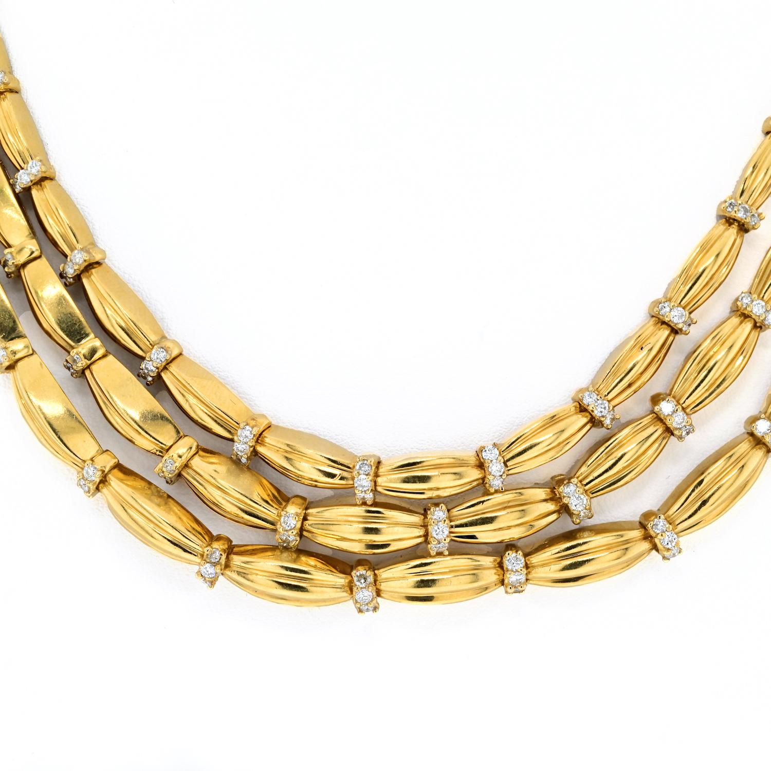 Round Cut Tiffany & Co. 18 Karat Yellow Gold Diamond Vintage Three Strand Necklace