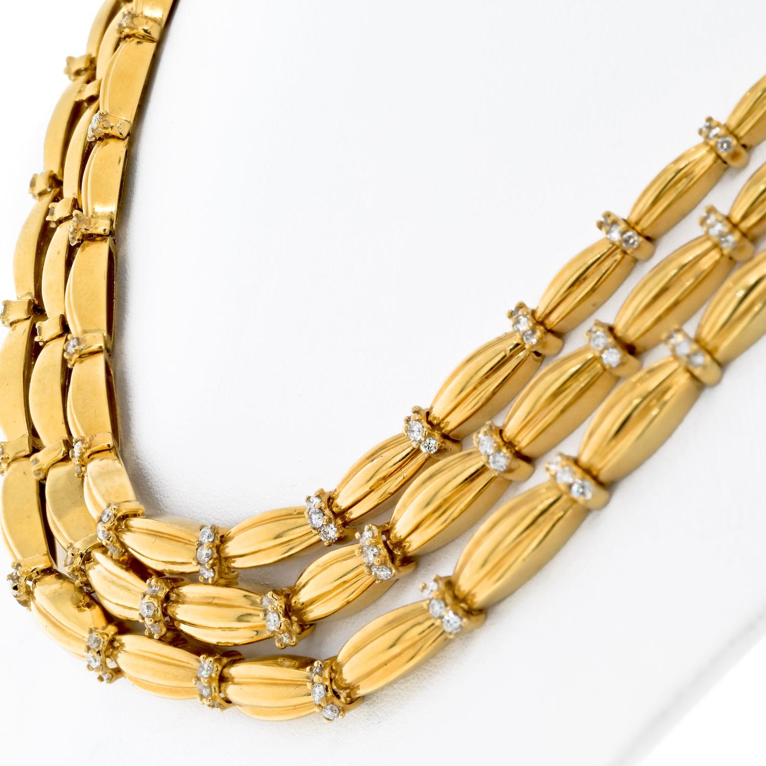 Tiffany & Co. 18 Karat Yellow Gold Diamond Vintage Three Strand Necklace In Excellent Condition In New York, NY