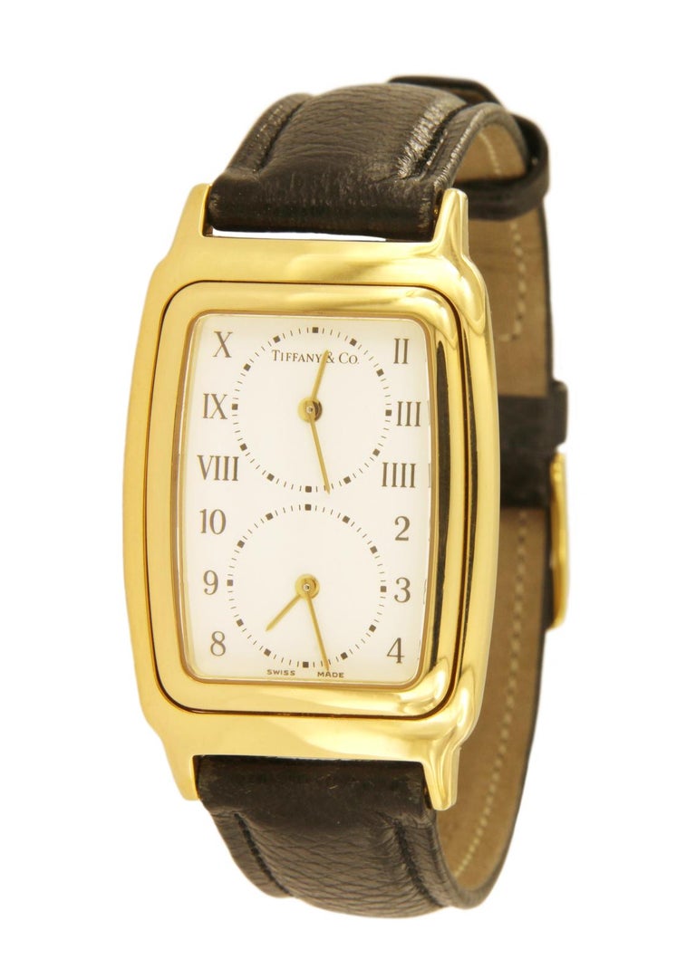 Tiffany and Co. 18 Karat Yellow Gold Dual Time Zone Watch M203 at 1stDibs