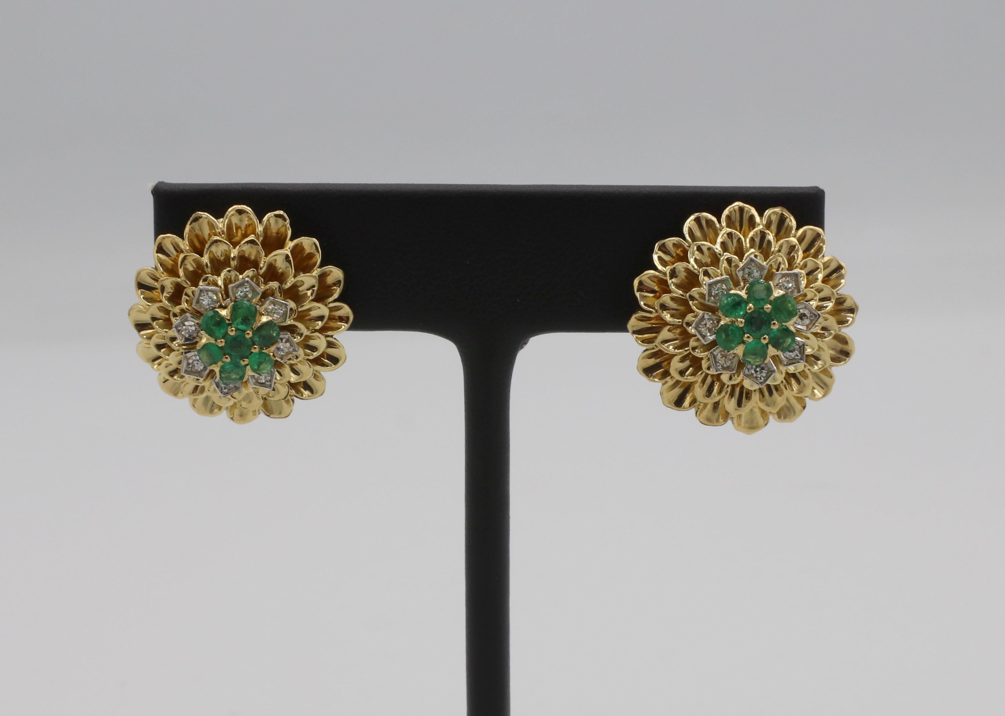 Tiffany & Co. 18 Karat Yellow Gold Emerald & Diamond Dome Earrings 
Metal: 18k yellow gold
Weight: 16.4 grams
Diamonds: Approx. .32 CTW G VS round diamonds
Diameter: 22mm
Height: 11.5mm
Backs: Lever backs with posts
