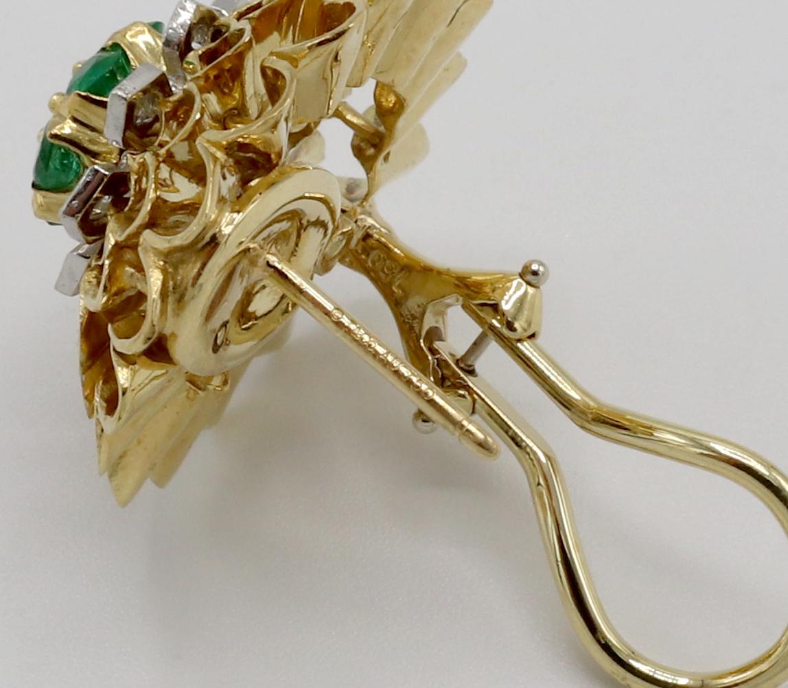 Round Cut Tiffany & Co. 18 Karat Yellow Gold Emerald & Diamond Dome Earrings