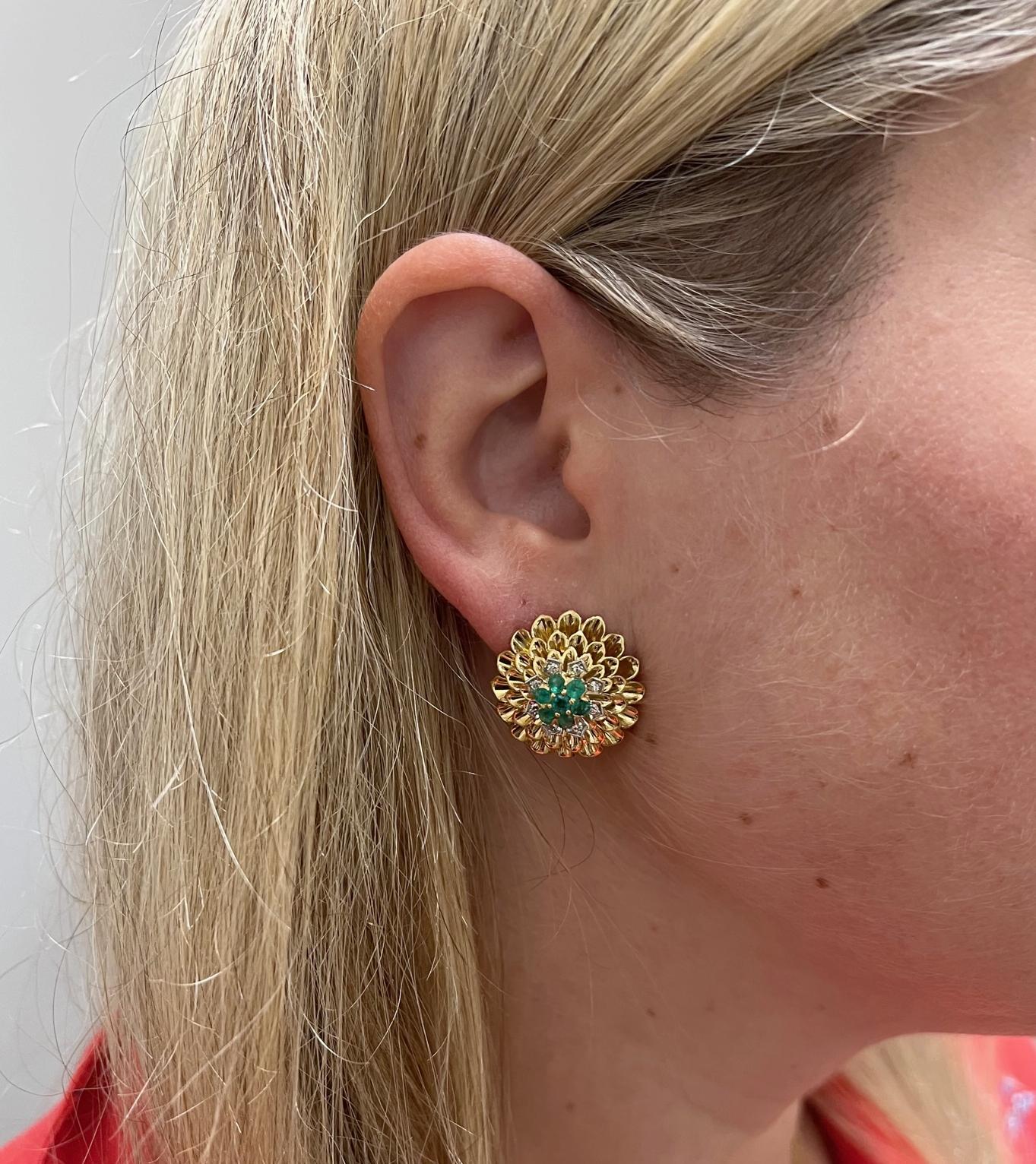 Women's Tiffany & Co. 18 Karat Yellow Gold Emerald & Diamond Dome Earrings