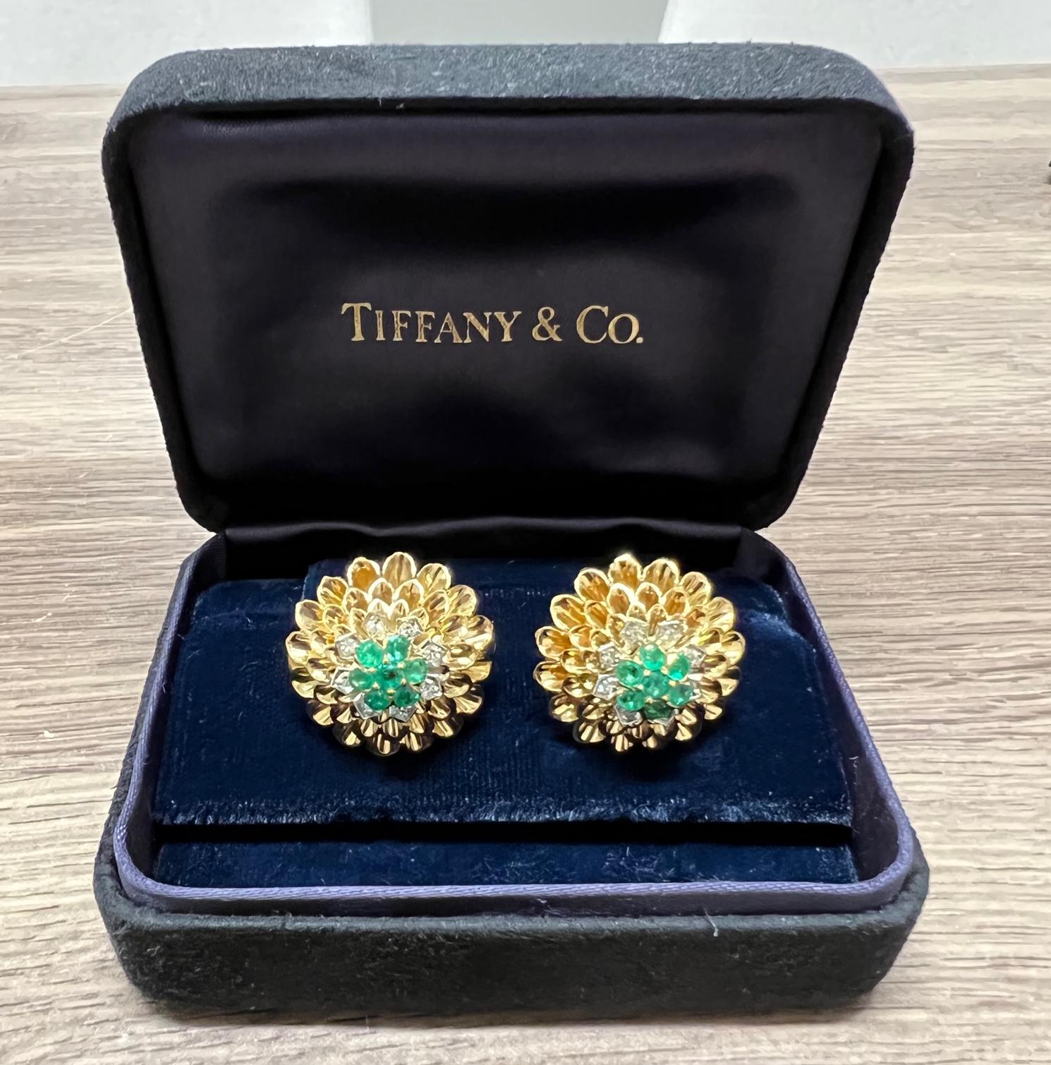 Tiffany & Co. 18 Karat Yellow Gold Emerald & Diamond Dome Earrings 1