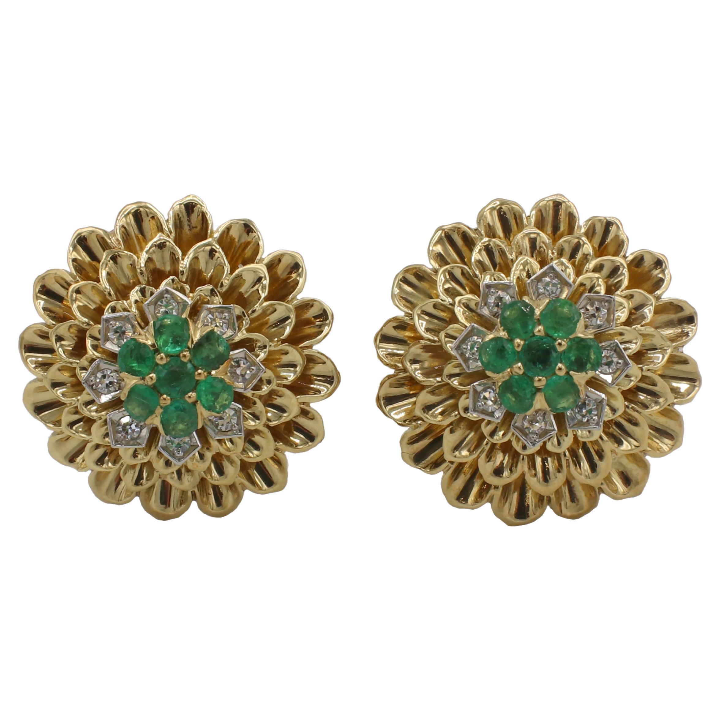 Tiffany & Co. 18 Karat Yellow Gold Emerald & Diamond Dome Earrings