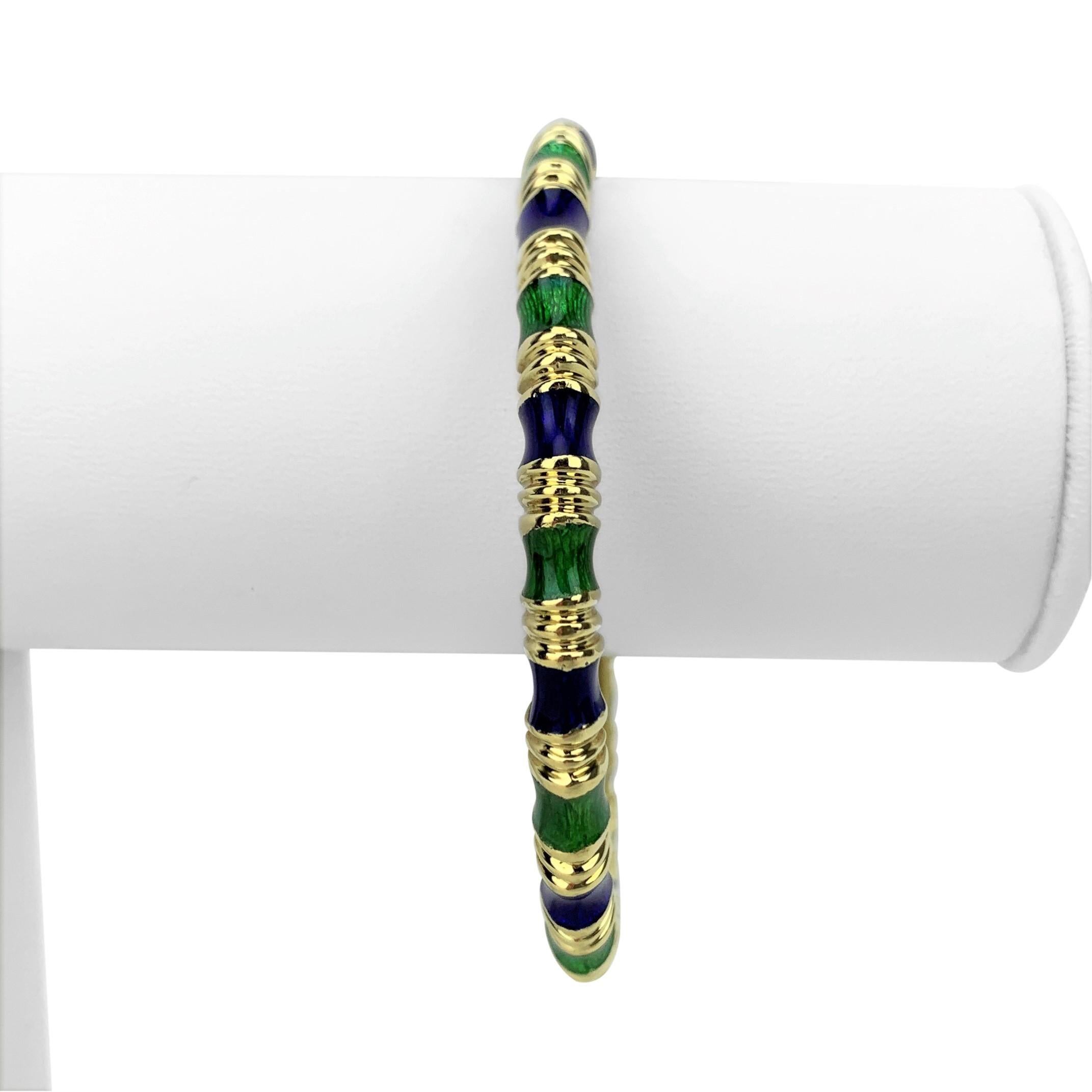 Tiffany & Co. 18 Karat Yellow Gold Green and Blue Enamel Bangle Bracelet In Good Condition In Guilford, CT
