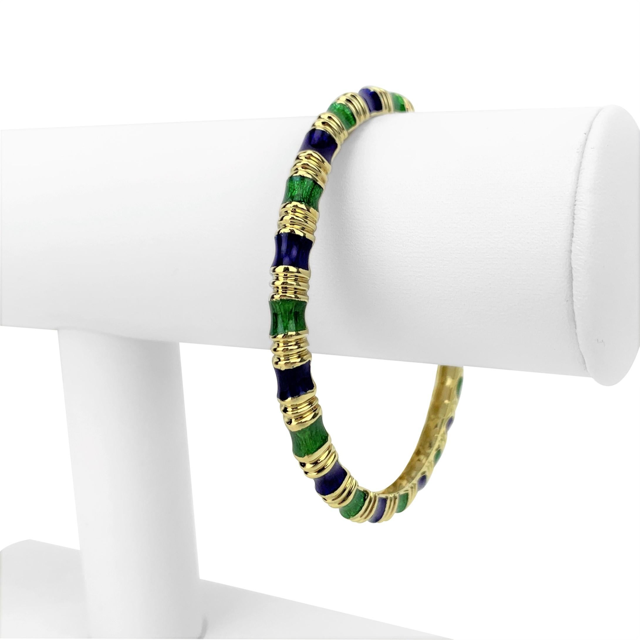 Tiffany & Co. 18k Yellow Gold Green and Blue Enamel Bangle Bracelet 7.5