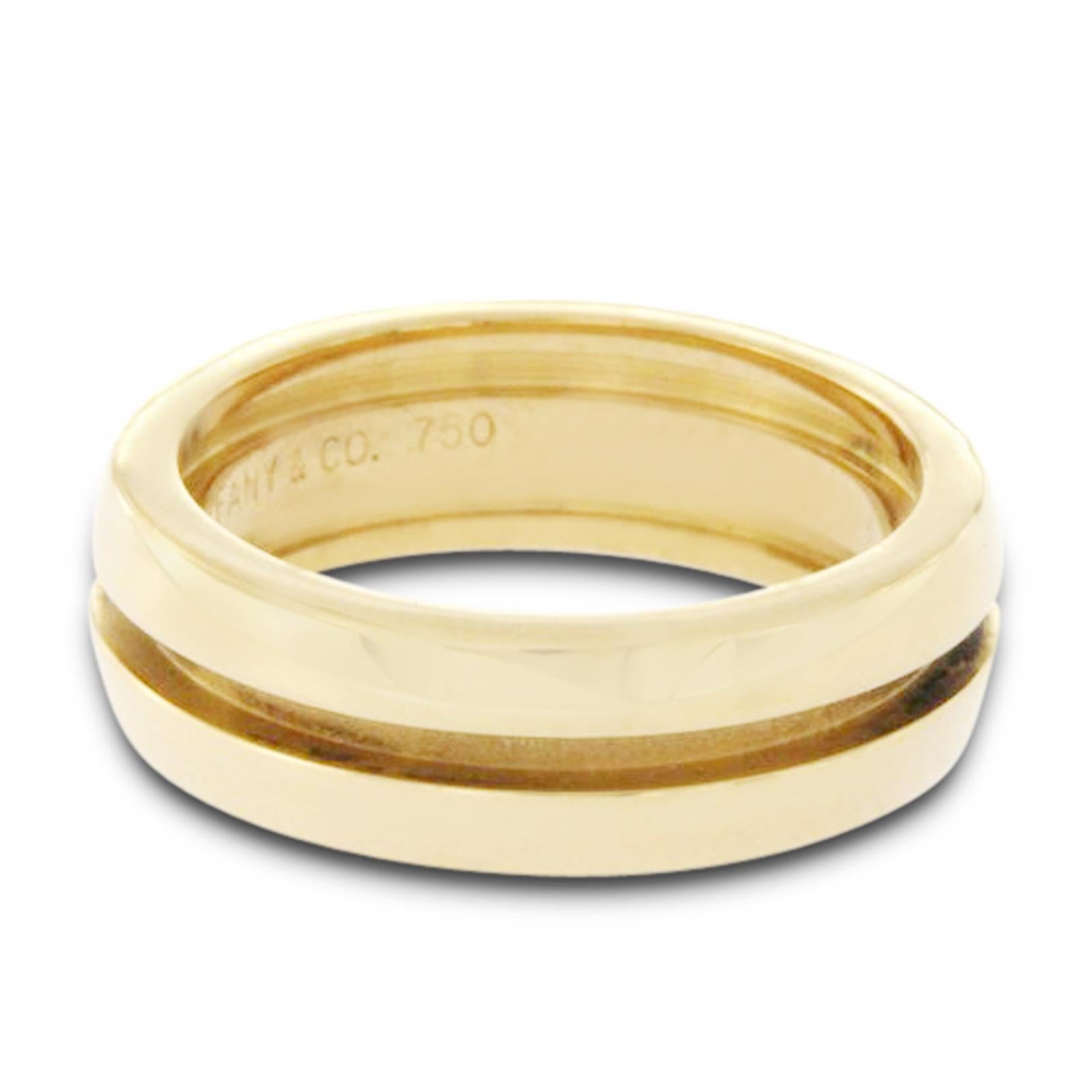 Top: 6 mm
Band Width: 6 mm
Metal: 18K Yellow Gold 
Size: 6
Hallmarks: Tiffany & Co 750
Total Weight: 7.7 Grams
Stone Type: None
Condition: Pre Owned
Estimated Retail Price: $3000
Stock Number: U423
