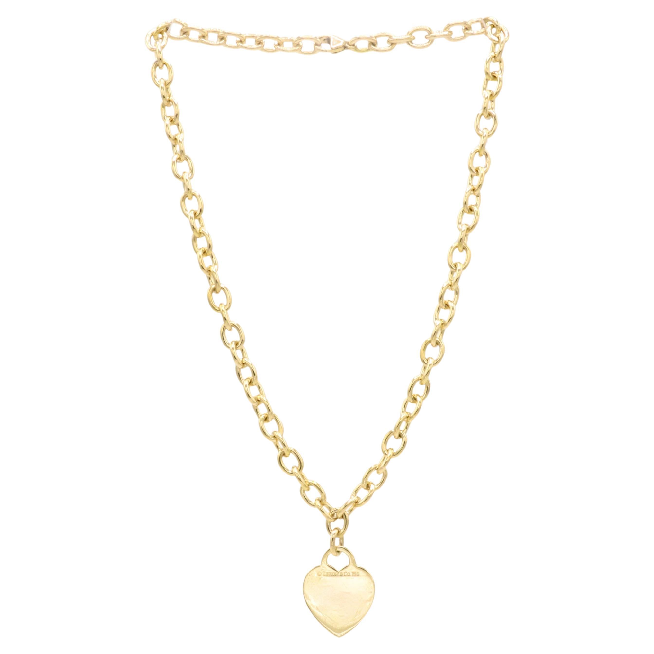 Tiffany & Co. 18 Karat Yellow Gold Heart Charm Pendant Chain Link Necklace
