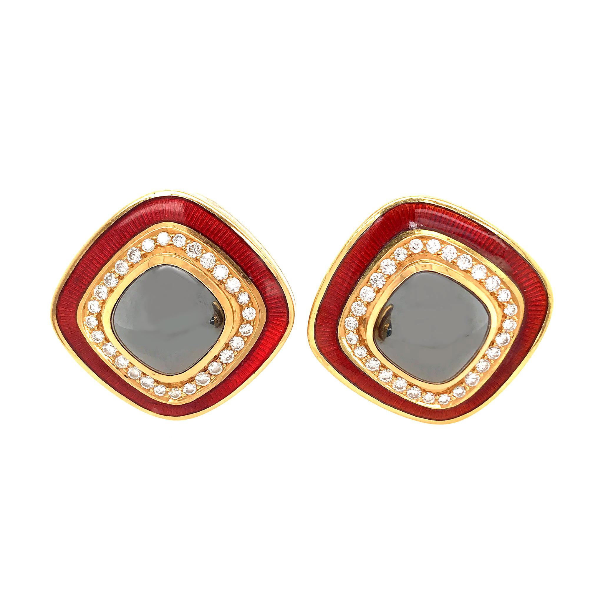 Tiffany & Co. 18 Karat Yellow Gold Hematite Diamond Enamel Earrings For Sale