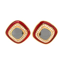 Tiffany & Co. 18 Karat Yellow Gold Hematite Diamond Enamel Earrings