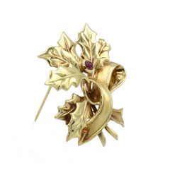 Tiffany & Co. 18 Karat Yellow Gold Holly Leaf Ruby Ribbon Pin Brooch