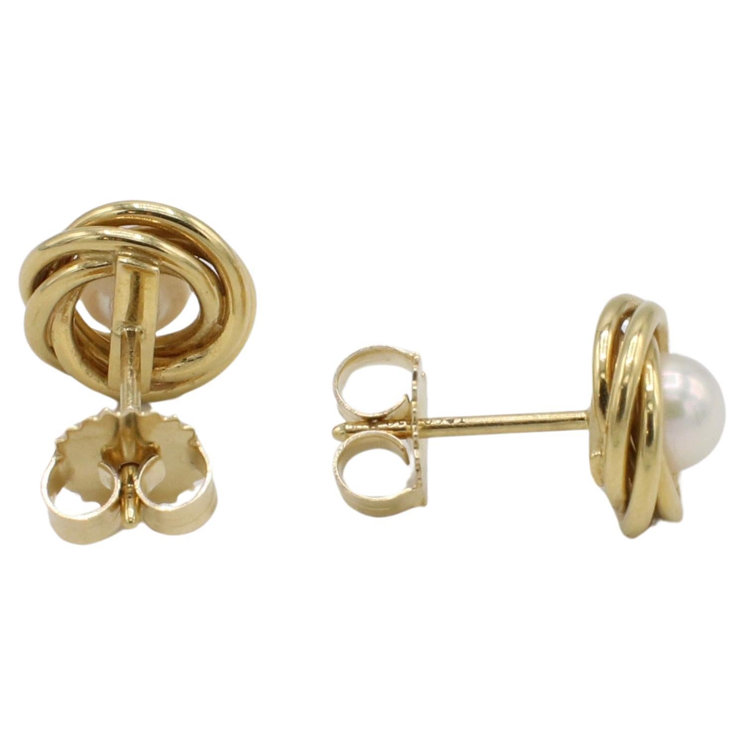 Modern Tiffany & Co. 18 Karat Yellow Gold Knot Pearl Stud Earrings 