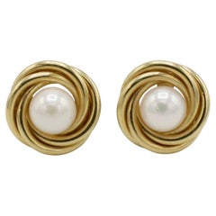 Tiffany & Co. 18 Karat Yellow Gold Knot Pearl Stud Earrings 