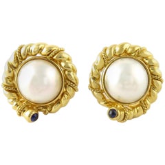 Tiffany & Co. 18 Karat Yellow Gold Mabe Pearl and Cabochon Sapphire Earrings