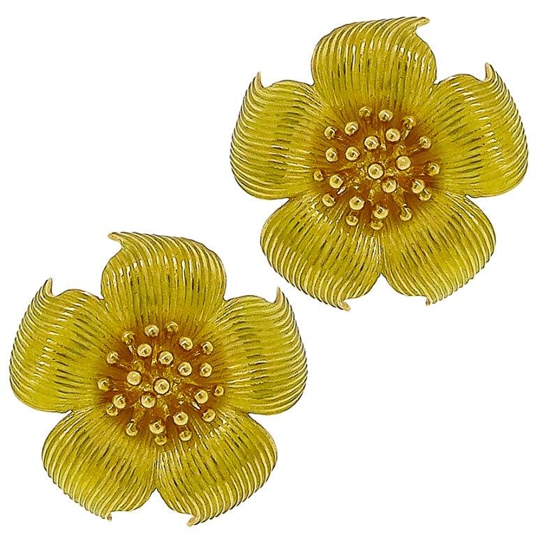 Tiffany & Co. 18 Karat Yellow Gold Magnolia Flower Earrings