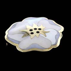 Tiffany & Co. 18 Karat Yellow Gold Mother-of-Pearl and Black Jade Flower Brooch