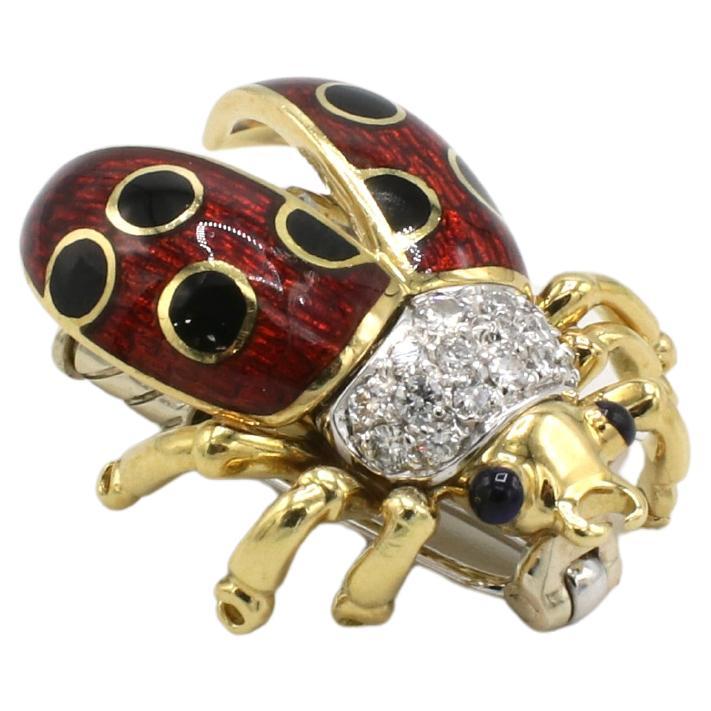 Contemporary Tiffany & Co. 18 Karat Yellow Gold Natural Diamond Enamel Lady Bug Brooch Pin For Sale