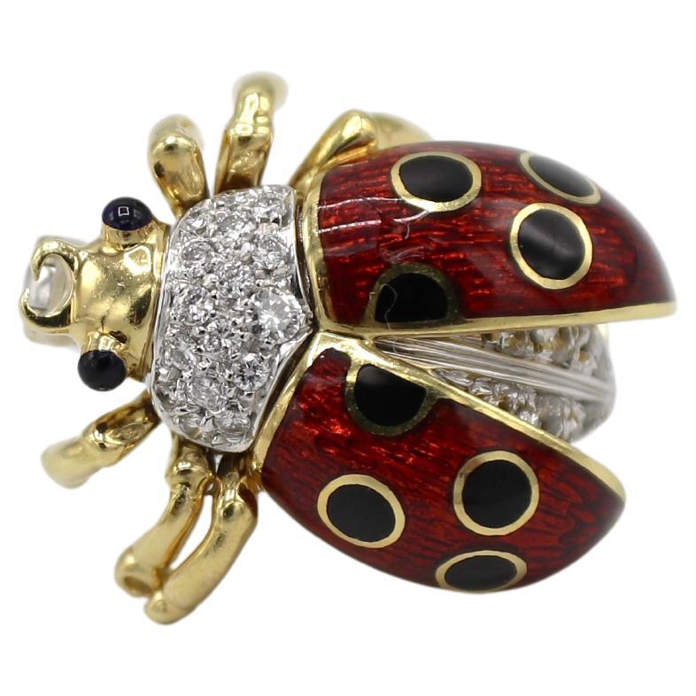 Round Cut Tiffany & Co. 18 Karat Yellow Gold Natural Diamond Enamel Lady Bug Brooch Pin For Sale