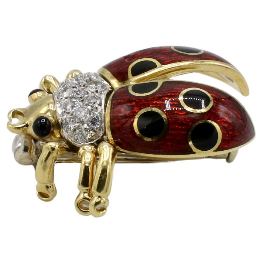Women's or Men's Tiffany & Co. 18 Karat Yellow Gold Natural Diamond Enamel Lady Bug Brooch Pin For Sale
