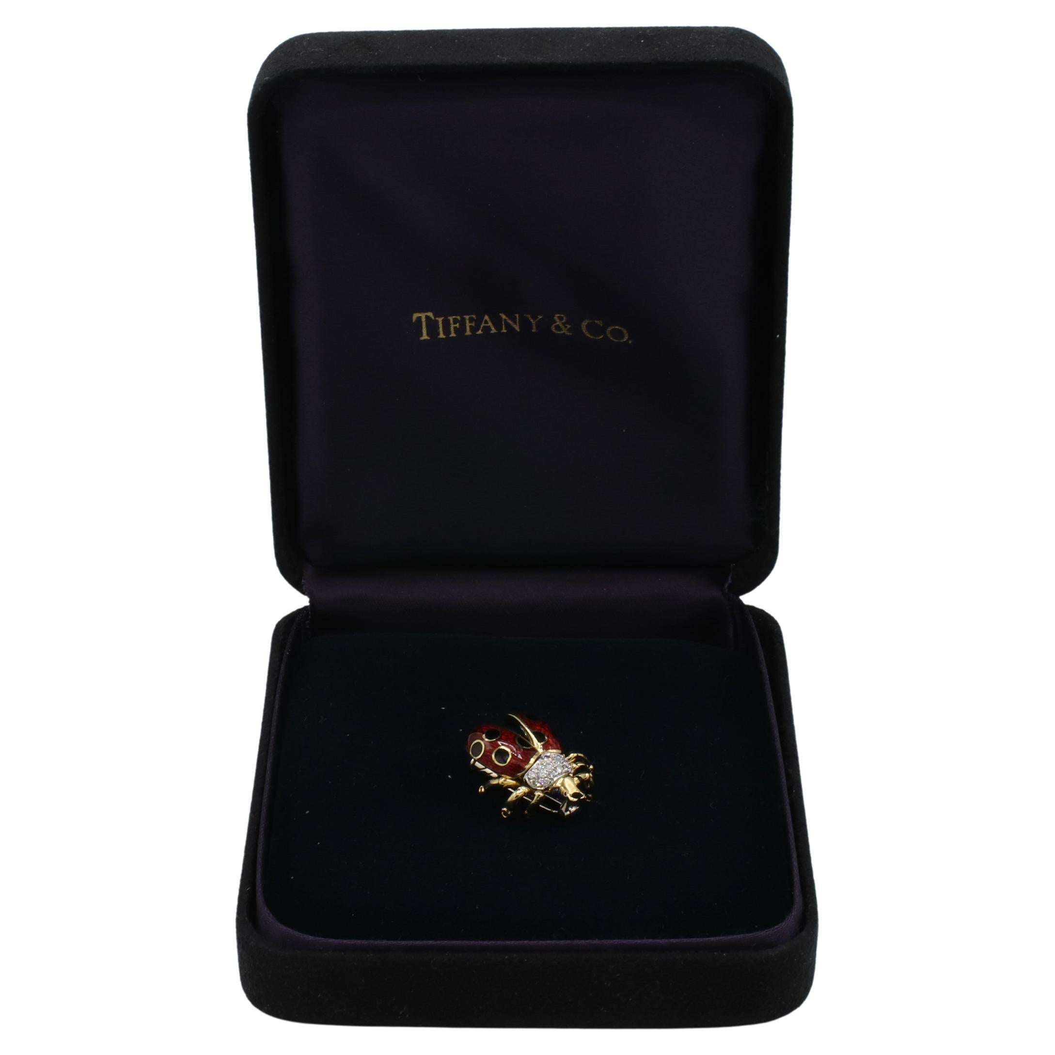 Tiffany & Co. 18 Karat Yellow Gold Natural Diamond Enamel Lady Bug Brooch Pin For Sale 2