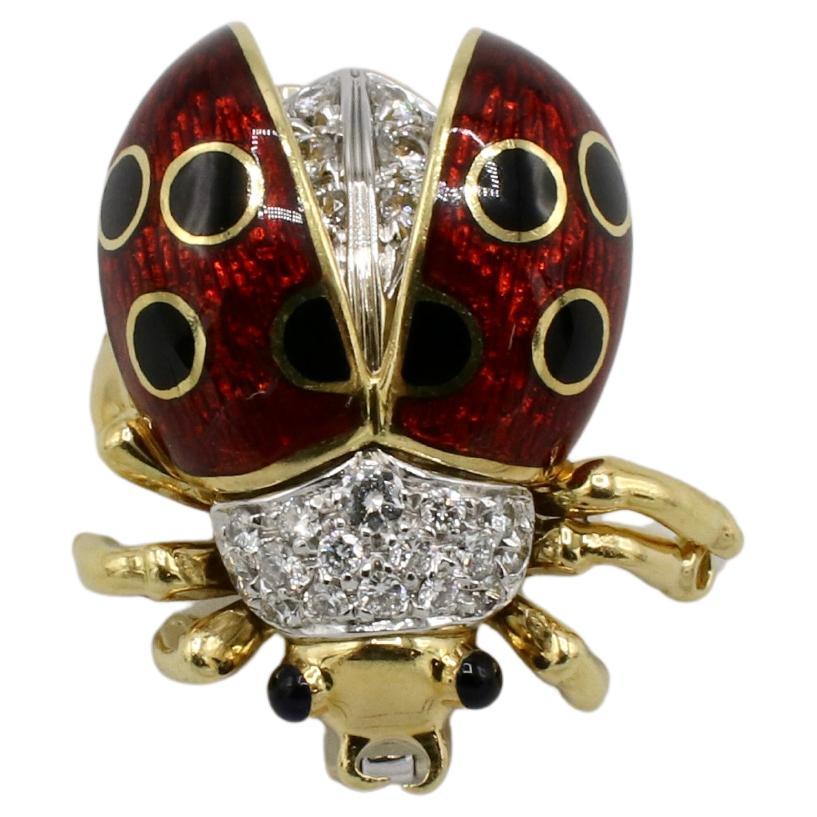 Tiffany & Co. 18 Karat Yellow Gold Natural Diamond Enamel Lady Bug Brooch Pin For Sale