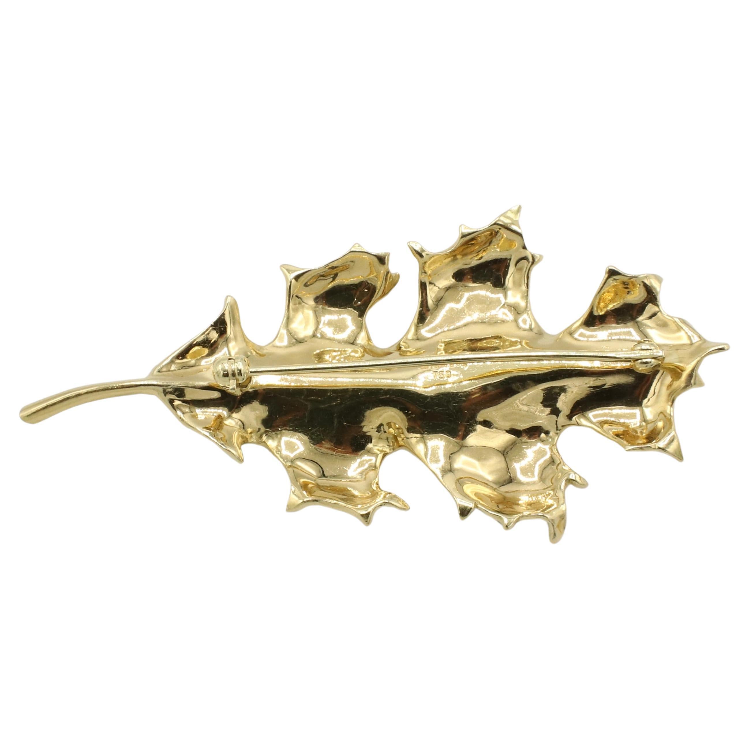 Tiffany & Co. 18 Karat Yellow Gold Oak Leaf Pin Brooch 
Metal: 18k yellow gold
Weight: 12.67 grams
Dimensions: 61 x 30.5mm
Signed: Tiffany & Co. 750