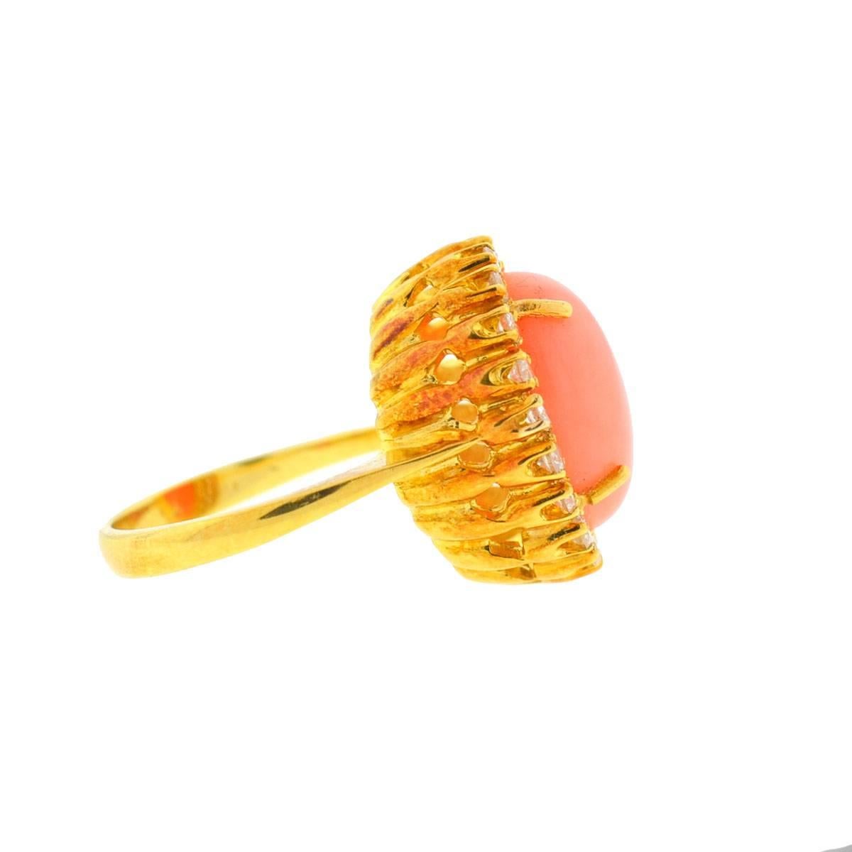 Company-Tiffany & Co.
Style-Oval Coral Stone Ring With Diamonds
Metal-18k Yellow Gold - Tiffany & Co. Stamp has faded over time , we have concluded that based on the craftsmanship and the over all quality of work this is 100% a Tiffany & Co. Ring.