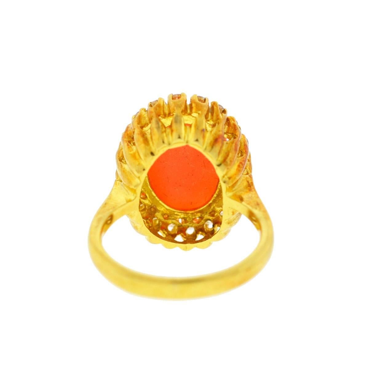 Women's Tiffany & Co. 18 Karat Yellow Gold Oval Coral Stone Ring with Diamonds