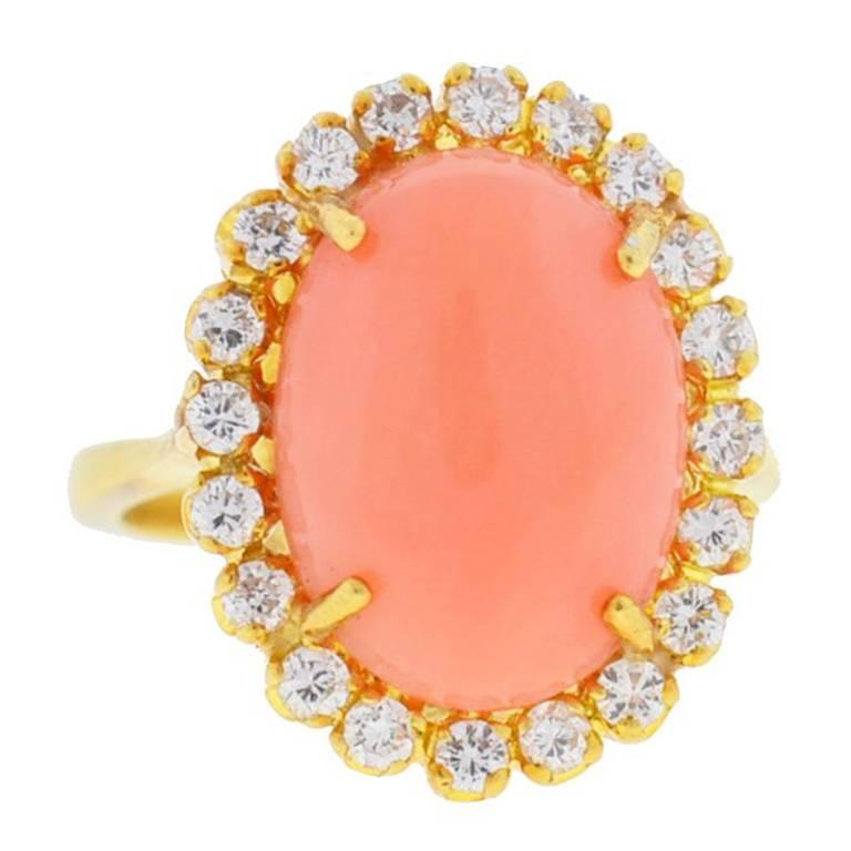 Tiffany & Co. 18 Karat Yellow Gold Oval Coral Stone Ring with Diamonds