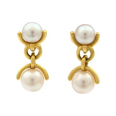 Tiffany & Co. 18 Karat Yellow Gold Pearl Drop Earrings 2 Pearls Dangle