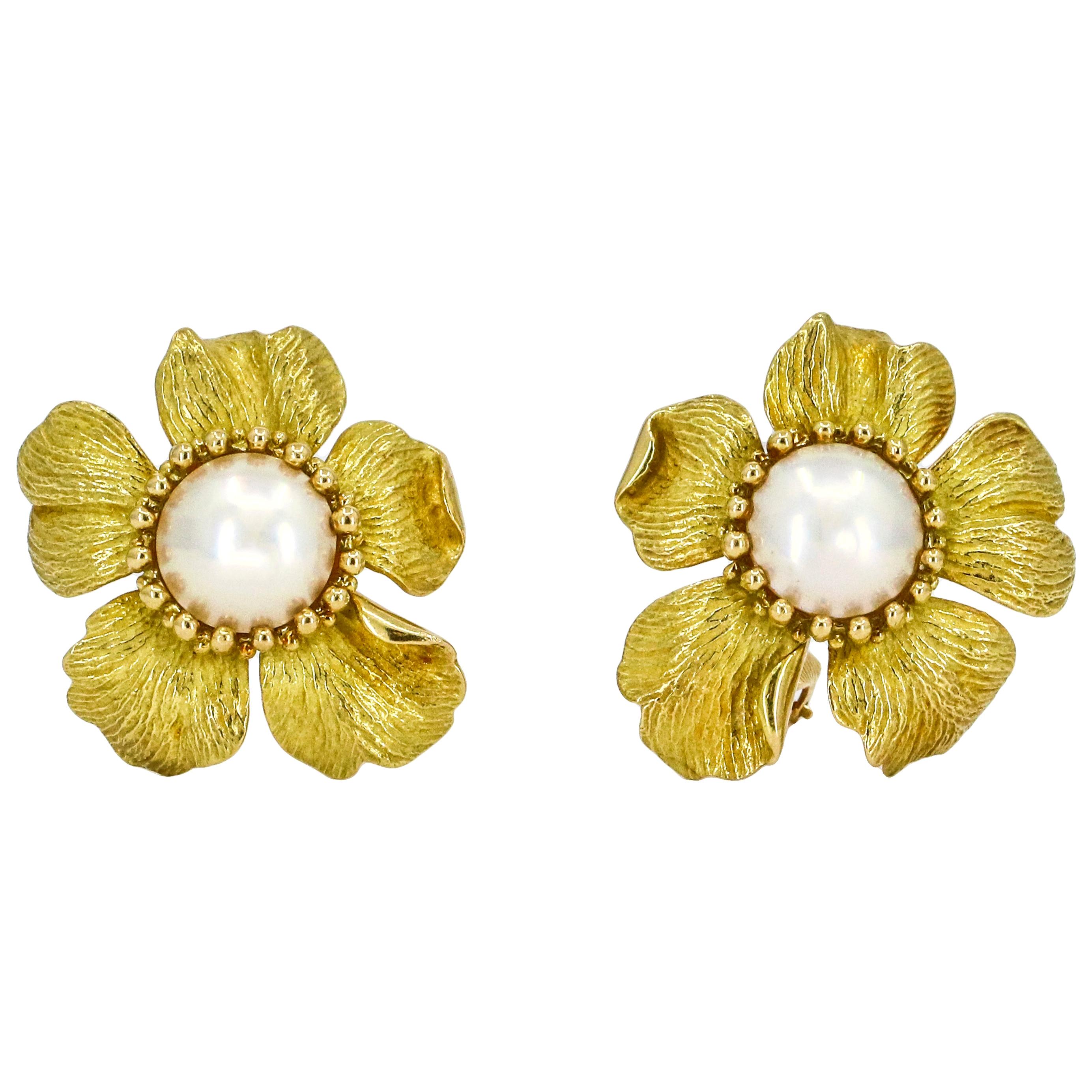 Tiffany & Co. 18 Karat Yellow Gold Pearl Rose Flower Earrings For Sale