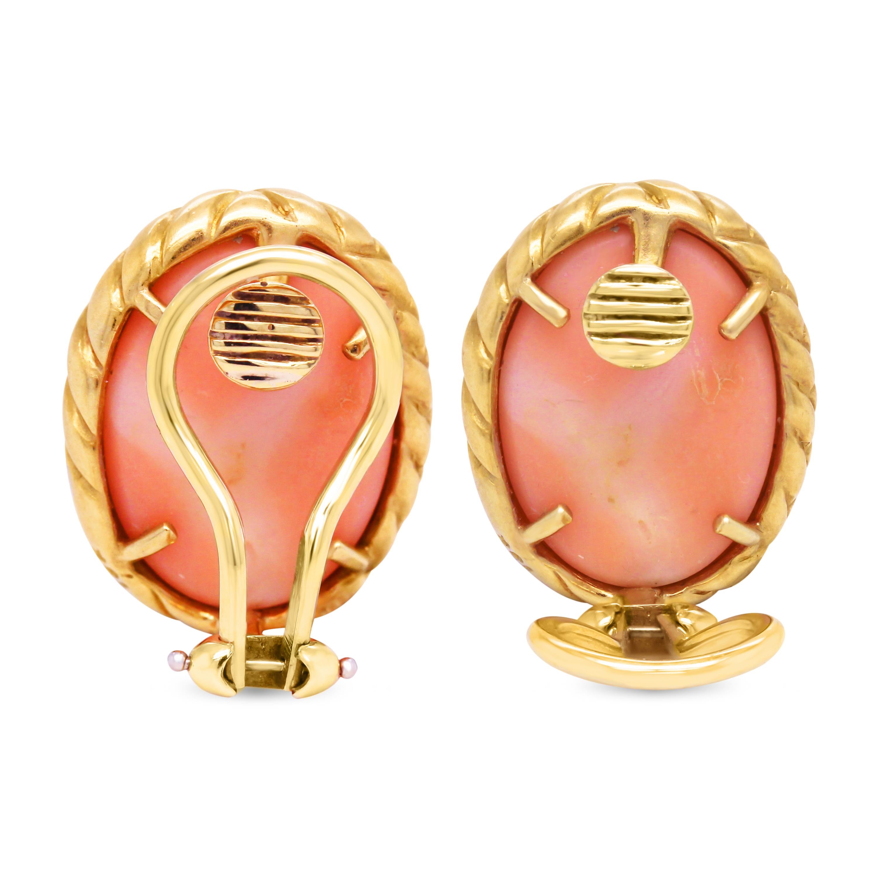 Contemporary Tiffany & Co. 18 Karat Yellow Gold Pink Peruvian Opal Earrings, Circa 1982