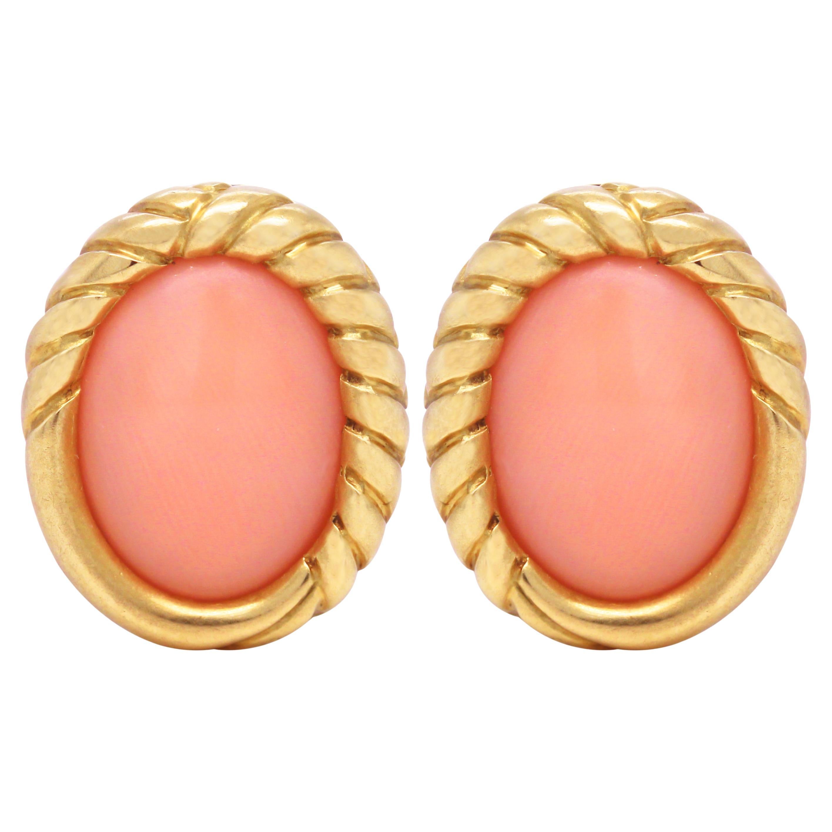 Tiffany & Co. 18 Karat Yellow Gold Pink Peruvian Opal Earrings, Circa 1982